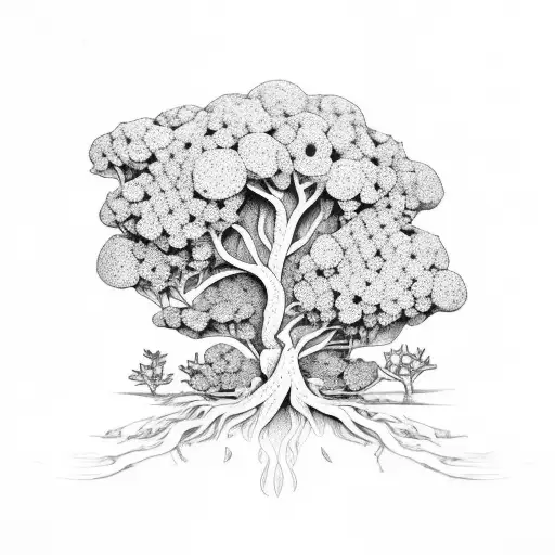 arvore com caveiras e flores saindo dos olhos e da boca tattoo design idea