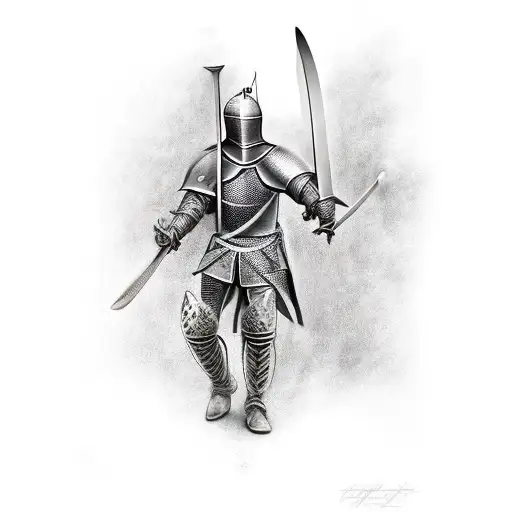 Knight with sword hugged by woman tattoo design idea