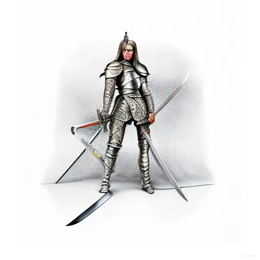 sitting Knight with sword hugged by woman tattoo design idea