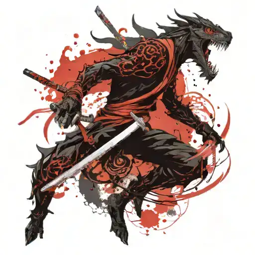 A ninja in black clothes with a body and head in a fighting figure with a sword and next to the image of a black dragon  tattoo design idea