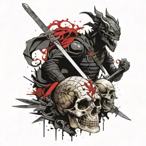 A black ninja with a sword next to a black dragon next to a skull tattoo design idea