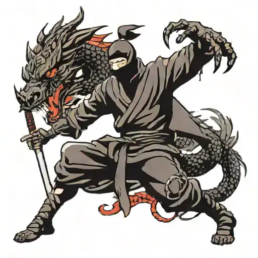 A ninja in black clothes with a body and head in a fighting figure with a sword and next to the image of a black dragon  tattoo design idea