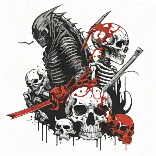 Black ninja next to black dragon next to skeleton and skull tattoo design idea