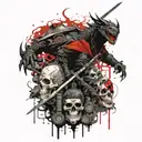 A black ninja with a sword next to a black dragon next to a skull tattoo design idea