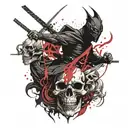 A black ninja with a sword next to a black dragon next to a skull tattoo design idea