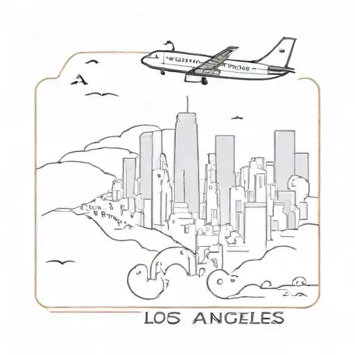 A minimalist outline of the Los Angeles skyline with a small airplane flying over it tattoo design idea