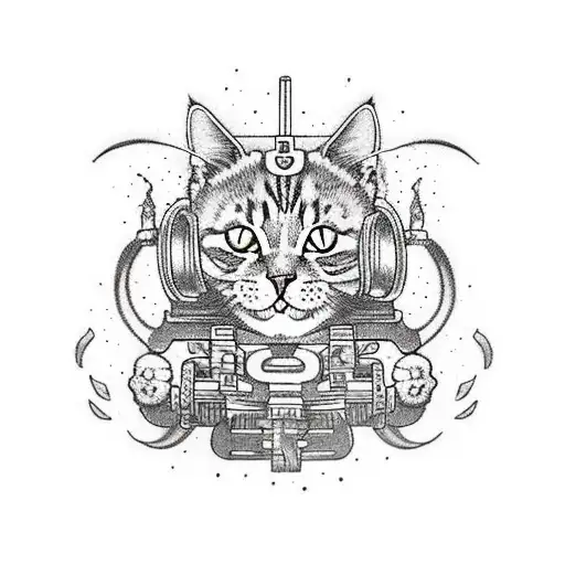 cat with muscles holding a machine gun tattoo design idea