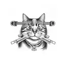 cat with muscles holding a machine gun tattoo design idea