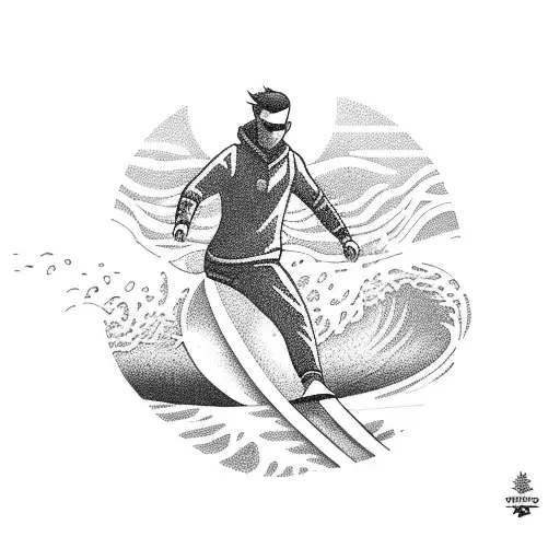 A longboarder carving through a wave on a beach tattoo design idea
