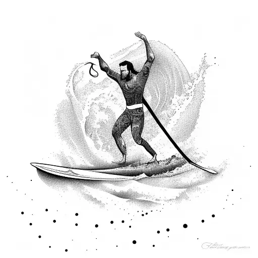 Surfer silhouette with crashing waves and seashells tattoo design idea