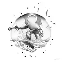 Surfer silhouette with crashing waves and seashells tattoo design idea