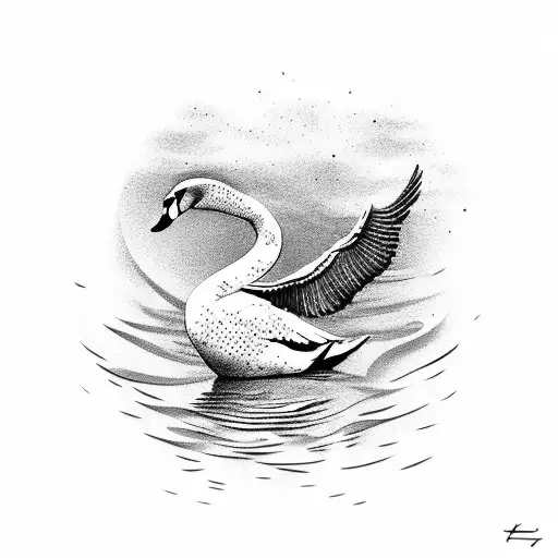 A dotwork tattoo of a graceful swan gliding through water, with subtle ripples around it tattoo design idea