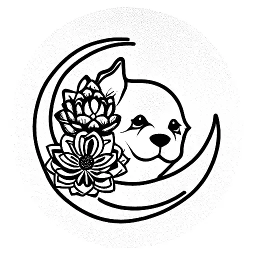 miniature schnauzer on a waning moon with lotus flowers tattoo design idea