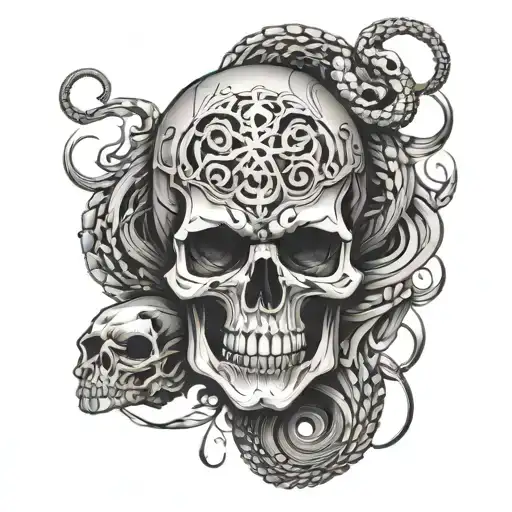 skull, serpent coiling, realism eyeball, smoke rising, death tattoo design idea