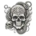 skull, serpent coiling, realism eyeball, smoke rising, death tattoo design idea