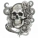 skull, serpent coiling, realism eyeball, smoke rising, death tattoo design idea