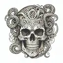 skull, serpent coiling, realism eyeball, smoke rising, death tattoo design idea