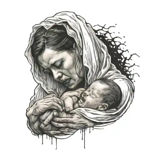  woman holding her head in distress with her womb open Next to her someone is beheading a newborn baby,  tattoo design idea