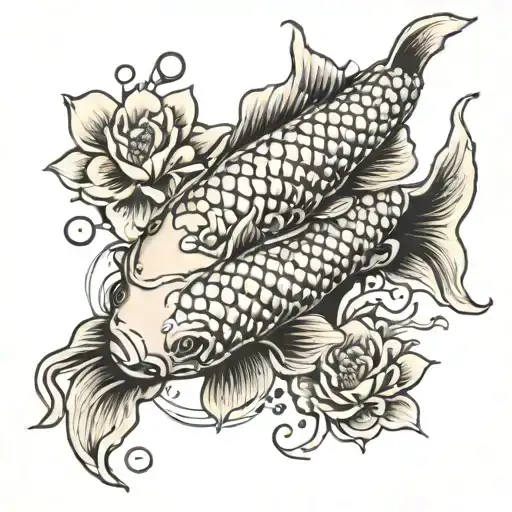 koi flowers dot work tattoo design idea