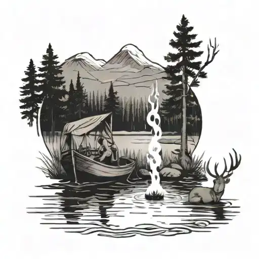 A scenic landscape of a lake with a fishing boat, a deer drinking from the shore, and a family roasting marshmallows over a campfire tattoo design idea