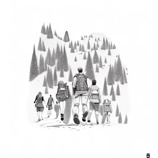 A group of friends hiking together with a hidden message about relationships tattoo design idea