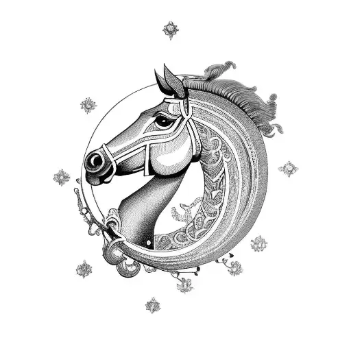 An antique book with intricate celestial illustrations surrounded by a Roma horse-drawn carriage tattoo design idea