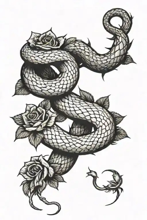 snake wrapped in rose plant tattoo design idea