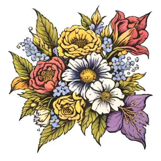 coloured, bouquet of flowers, Marigolds, cosmos, gladiolus’s, poppies, daffodils, asters, morning glories, violets tattoo design idea