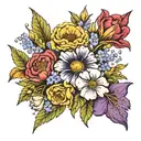 coloured, bouquet of flowers, Marigolds, cosmos, gladiolus’s, poppies, daffodils, asters, morning glories, violets tattoo design idea