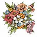 coloured, bouquet of flowers, Marigolds, cosmos, gladiolus’s, poppies, daffodils, asters, morning glories, violets tattoo design idea