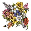 coloured, bouquet of flowers, Marigolds, cosmos, gladiolus’s, poppies, daffodils, asters, morning glories, violets tattoo design idea