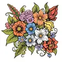 coloured, bouquet of flowers, Marigolds, cosmos, gladiolus’s, poppies, daffodils, asters, morning glories, violets tattoo design idea