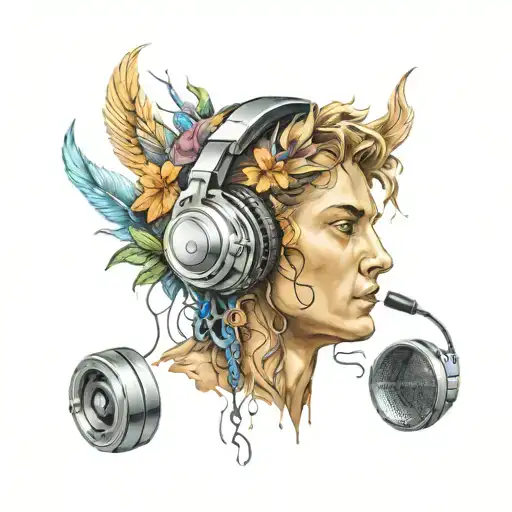 apollo with headphones and more music design tattoo design idea