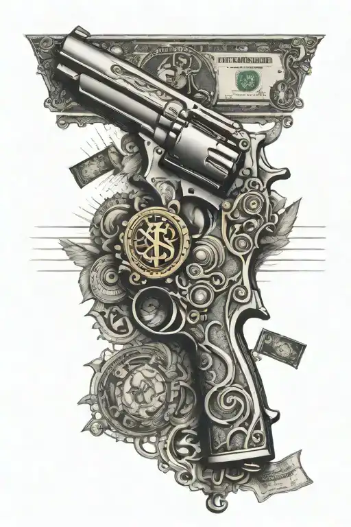 An intricate design of a bullet morphing into a dollar sign, representing the connection between guns and money in the world of a gangster tattoo design idea