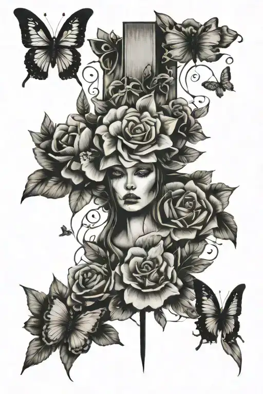 skinny cross, butterflies,flowers, face  tattoo design idea
