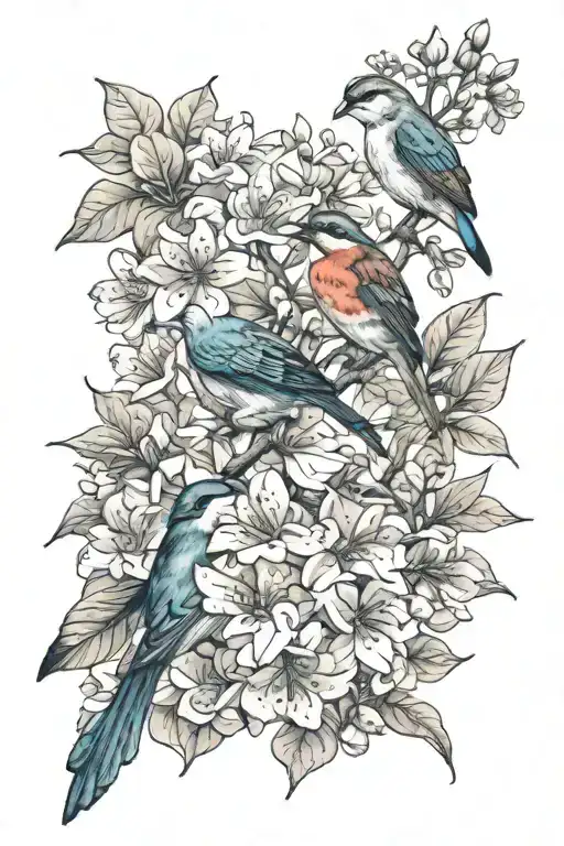 jasmine flower bougainvillea flower sparrow bird expatriate life Türkiye respect abundance peace tattoo design idea