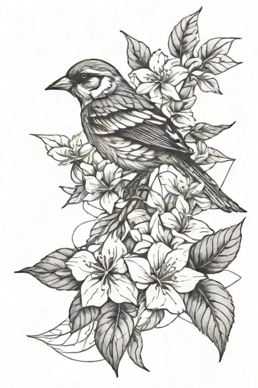 jasmine flower bougainvillea flower sparrow bird expatriate life Türkiye respect abundance peace tattoo design idea