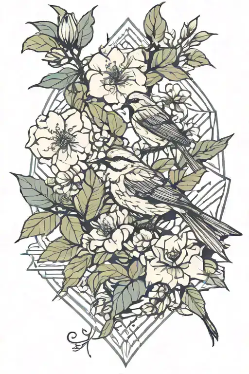 jasmine flower bougainvillea flower sparrow bird expatriate life Türkiye respect abundance peace tattoo design idea