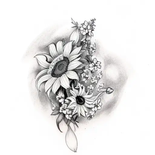 forearm flower tattoo with sunflowers, larkspur, orchid  tattoo design idea