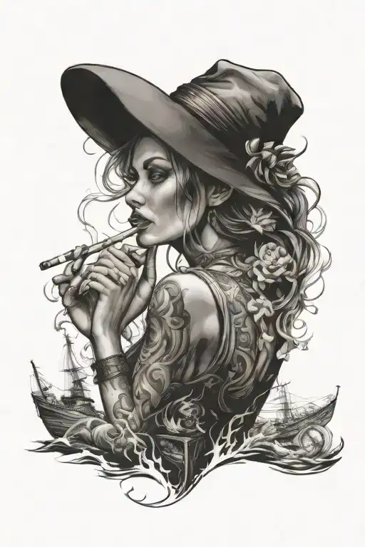 A sexy femme fatale smoking a cigarette on a voyage across the ocean tattoo design idea