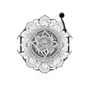 An intricate blackwork design featuring a beach umbrella surrounded by vibrant flowers and dragonflies tattoo design idea