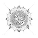 An intricate blackwork design featuring a beach umbrella surrounded by vibrant flowers and dragonflies tattoo design idea