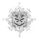 An intricate blackwork design featuring a beach umbrella surrounded by vibrant flowers and dragonflies tattoo design idea