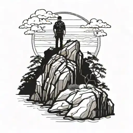 A blackwork tattoo of a police officer standing on a cliff overlooking a serene landscape, symbolizing the client's dedication to protecting and serving while finding tranquility in nature tattoo design idea