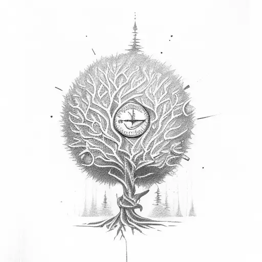 tree inside hourglass and key tattoo design idea