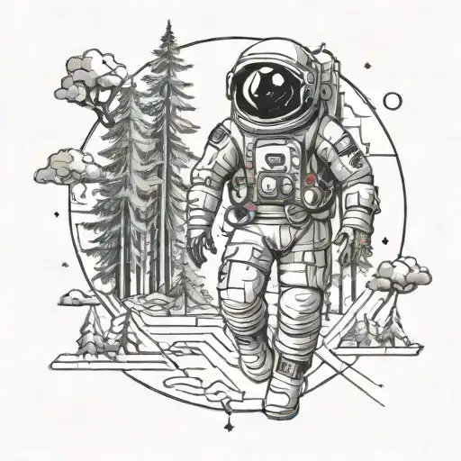 astronaut floating at the forest scene tattoo design idea
