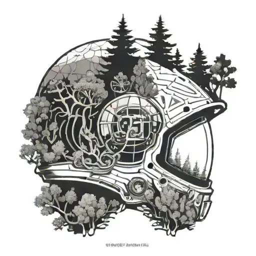 astronaut floating in the forest landscape and corals are reflected on this helmet   tattoo design idea