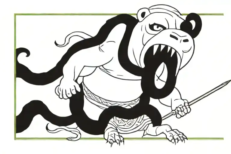 realistic Slavic warrior with a bear's head instead of a hat and wrapped in a large snake with an open mouth tattoo design idea