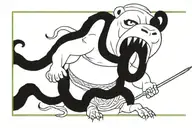 realistic Slavic warrior with a bear's head instead of a hat and wrapped in a large snake with an open mouth tattoo design idea