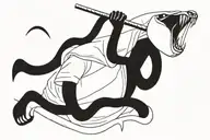 realistic Slavic warrior with a bear's head instead of a hat and wrapped in a large snake with an open mouth tattoo design idea